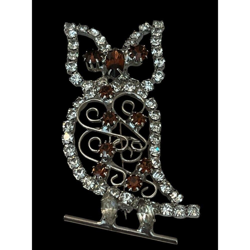Rhinestone Owl Branch Brooch Silver Tone Brown Clear Open Work Ornate Filigree